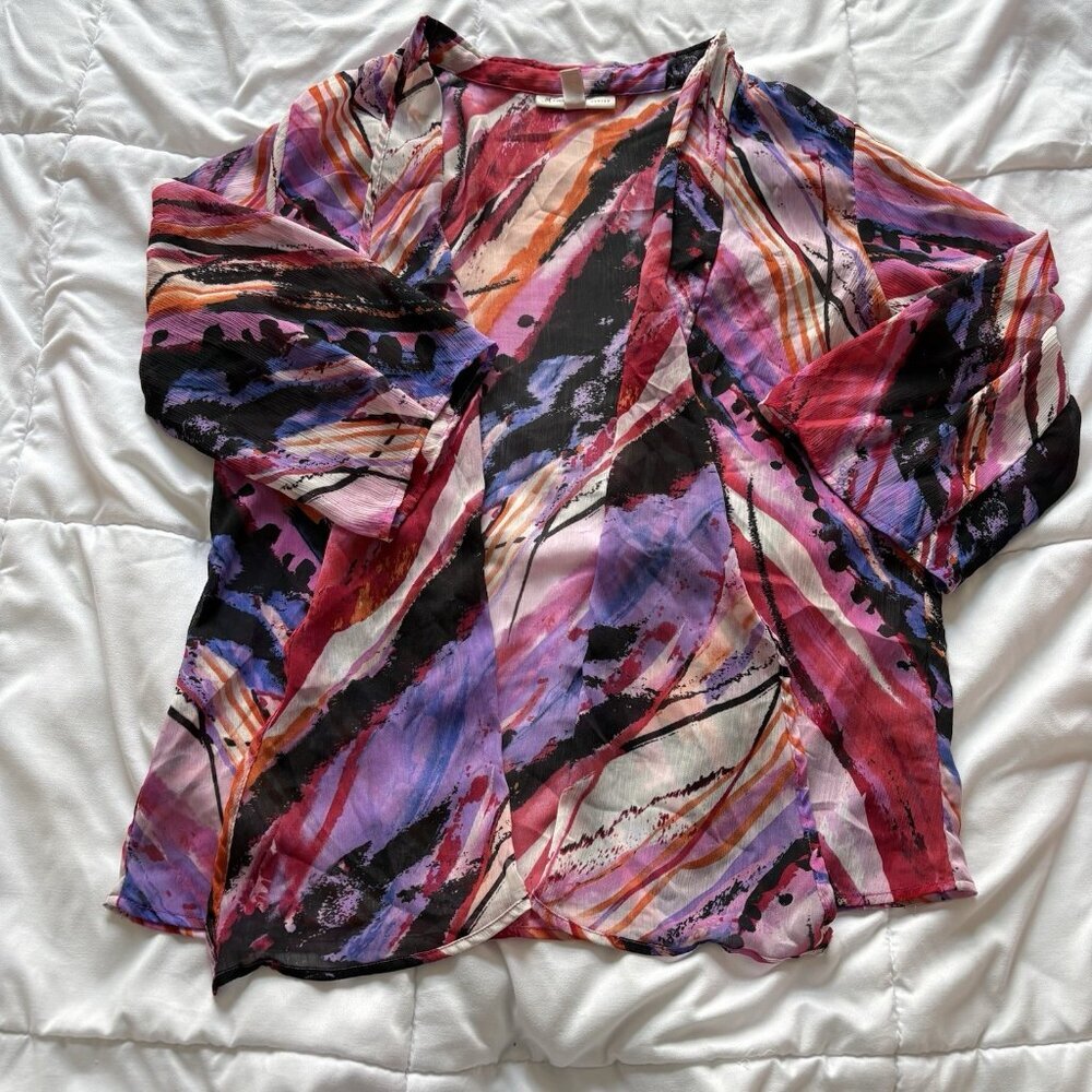 Vintage Y2K Womens Size P Large 3/4 Sleeve Abstract Purple Art Cardigan